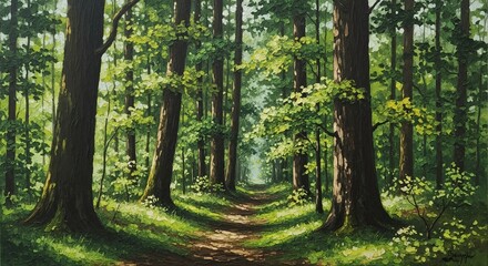 Painting of sunlit path winding through lush green forest. Summer landscape with tall trees and dappled light. Impressionist style artwork of woodland trail