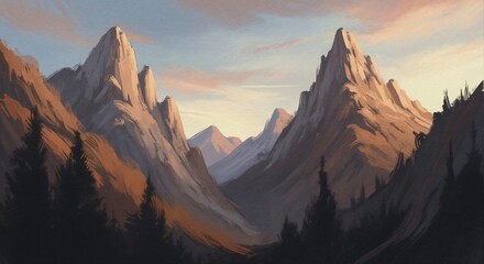 Painterly illustration of mountain valley at golden hour. Jagged peaks illuminated by warm light of sunrise or sunset
