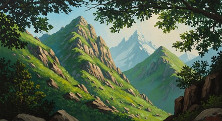 Scenic painting of green mountain landscape. Rocky peaks and valley view with snow-capped mountain in distance. Classic nature artwork illustration
