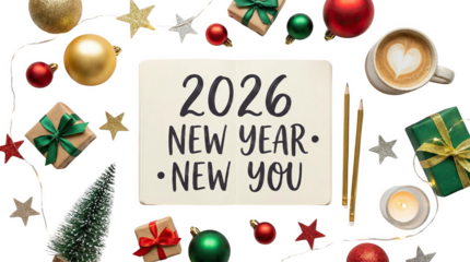 Decorative items showcase new year resolutions, AI, PNG