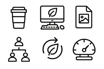 Sustainable Office Icons. Green Workplace Habits linear set: reusable mug symbol, low-energy workstation, paperless file tile, shared resource icon, eco-conscious action arrow,