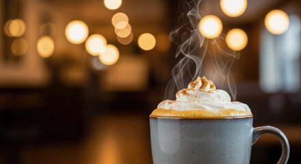 Steaming hot latte with whipped cream and cinnamon in cozy cafe. Warm coffee drink in mug with blurred bokeh lights background and copy space