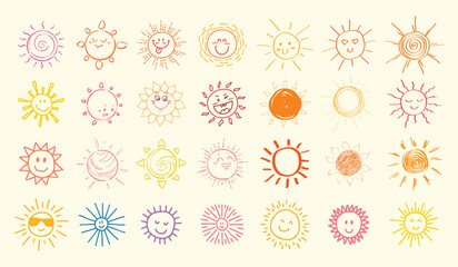 Cute Hand Drawn Sun Doodle Collection, Funny Smiling Sun Icons, Childish Sketch Style Sun Illustration Set, Colorful Cartoon Sunshine Elements for Kids Design