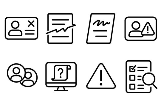 Fraud Detection Icons. Fraud Alert Elements linear set: mismatched info card, document scratch mark, inconsistent handwriting, account anomaly alert, repeated profile token, odd