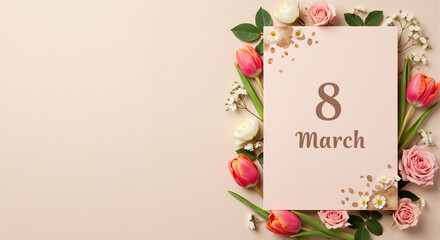 International Women's Day greeting card with 8 March text and fresh flowers. Spring floral flat lay with tulips and roses on a beige background. Holiday concept with copy space