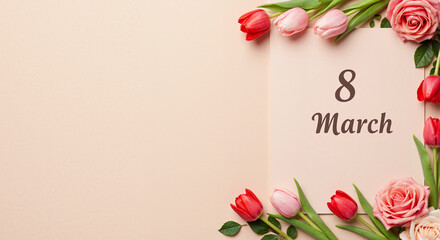 International Women's Day greeting card with 8 March text. Floral flat lay with pink and red tulips and roses on a beige background. Copy space for text