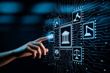 Hand interacting with digital law icons on circuit board interface