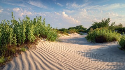 Serene panoramic view of a sandy path winding through dunes, flanked by lush green vegetation under a blue sky with wispy clouds