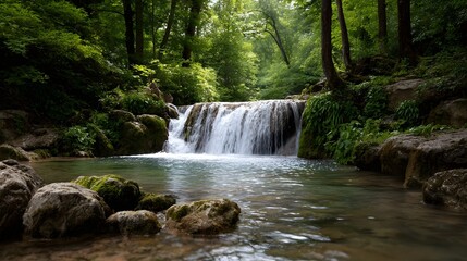 Obraz premium A serene waterfall cascades over moss covered rocks in a vibrant lush green forest embodying natural beauty and tranquility