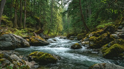 Fototapeta premium Serene river flows through lush evergreen forest with moss-covered rocks, showcasing nature's tranquility