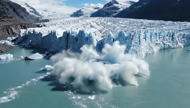 Massive Iceberg Calving from Glacier into Turquoise Lake in Patagonia.