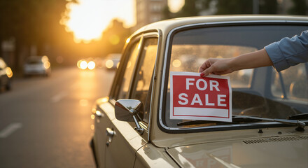 Hand placing red For Sale sign on vintage car windshield. Selling used vehicle concept at sunset with bokeh background
