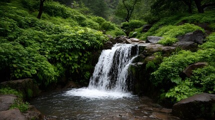 Naklejka premium A serene waterfall cascades amidst lush green foliage evoking a sense of natural tranquility