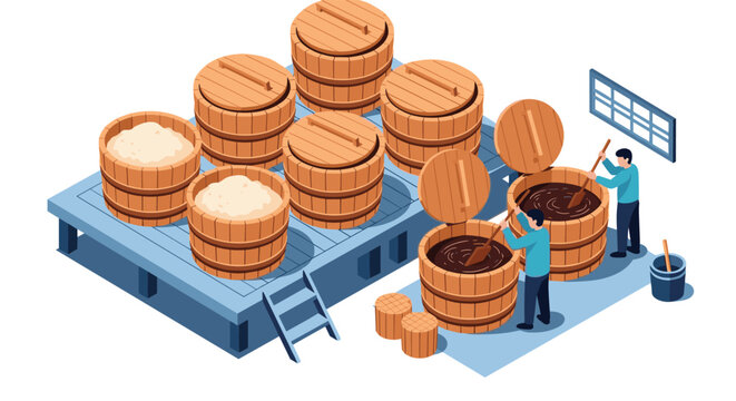 Isometric illustration of a traditional soy sauce or miso fermentation factory, with workers stirring the mixture in large wooden barrels, depicting the artisanal food production process.