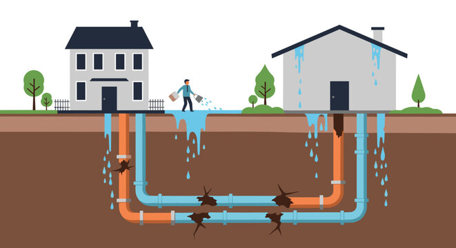 Illustration showing damaged and leaking underground water pipes causing flooding and water damage to two houses, with a person attempting to bail out water, representing a plumbing disaster.