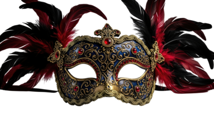 Ornate venetian masquerade mask with red feathers transparent background cutout png