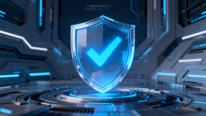 Futuristic shield with glowing checkmark