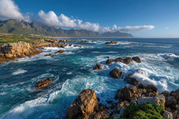 Rugged Rocky Coastline with Crashing Waves under a Clear Blue Sky in South Africa