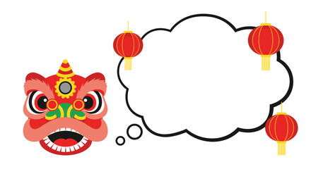 Naklejka premium Chinese New Year themed frame featuring a traditional lion dance head with a large, cloud-shaped speech bubble, decorated with red lanterns, perfect for greetings and festive messages.