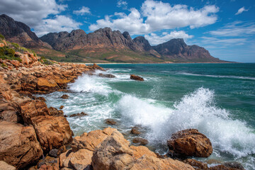 Rugged Rocky Coastline with Crashing Waves under a Blue Sky in South Africa