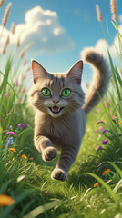 Adorable Domestic Tabby Kitten Walking in Grass - Young Cat Outdoor Portrait