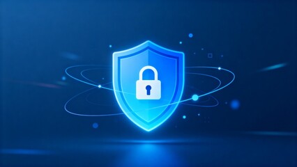 Blue shield with padlock and orbiting lines