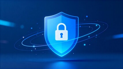 Blue shield with padlock and orbiting lines