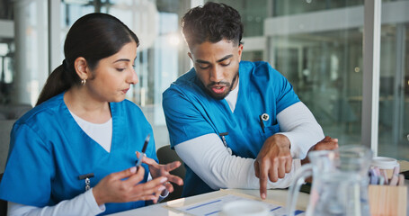 Fototapeta premium People, doctors and reading document in office for planning, medical results and patient history. Staff, team and review paperwork for referral letter, surgery schedule and information for healthcare