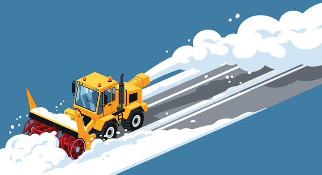 Isometric illustration of a powerful yellow snow blower truck clearing a road, throwing a large plume of snow to the side, representing winter road maintenance and heavy machinery.