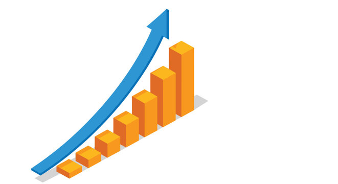 Isometric orange bar graph with a blue arrow curving upwards over the bars, illustrating positive growth, success, financial increase, and business progress, isolated on a white background.