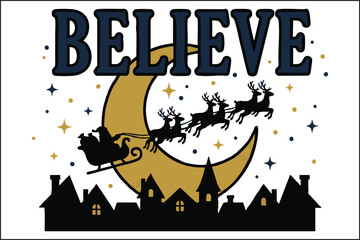 Fototapeta premium Believe Christmas Quote with Santa Sleigh and Reindeer Flying Over City Silhouette