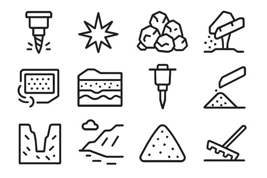 Earthwork Equipment Icons. Rock & Earthwork Processing linear set: drill head, blasting charge mark, rubble mound, crusher jaws, vibrating screen, soil layer cut, rock splitter,