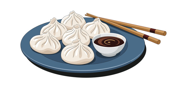 Plate of delicious steamed Asian dumplings with a side of soy dipping sauce and a pair of wooden chopsticks for a meal.