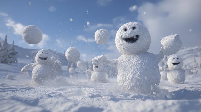 Several snowmen play in a snowy landscape on a bright, sunny day, throwing snowballs, evoking a feeling of fun and winter