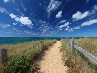 Sandy Path Leading To Ocean With Tall Grasses And Cloudy Blue Sky