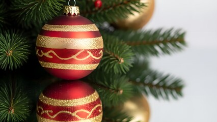 Red and gold Christmas ornaments hanging on a tree branch with pine needles