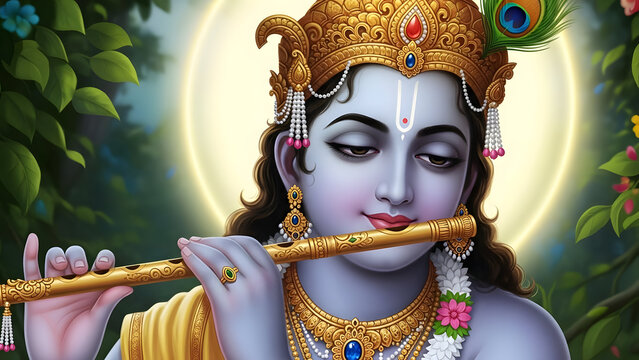Divine Lord Krishna Playing Golden Flute in Garden, Hindu Deity Art