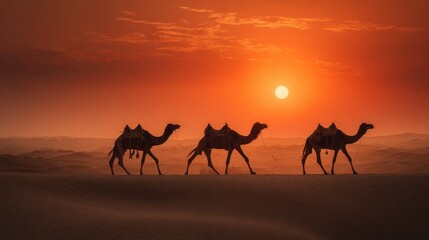 Silhouetted camels traverse the vast sandy dunes at sunset, creating a serene and warm scene under the fiery sky