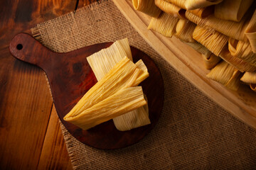 Tamales. Traditional dish typical of Mexico and some Latin American countries. Corn dough wrapped in corn leaves. The tamales are steamed.