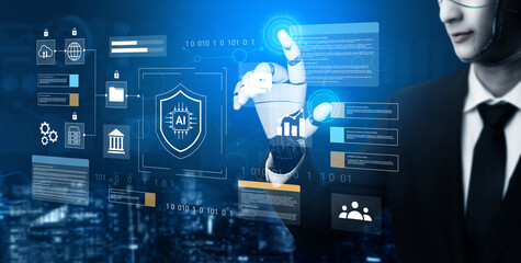 A businessman in a suit engages with an advanced digital interface showcasing AI technology and data analytics, highlighting modern cybersecurity solutions. Gantry