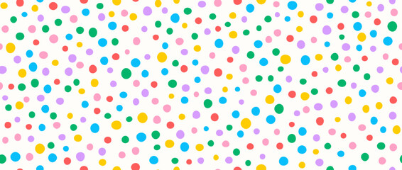Seamless birthday polka dot pattern. Colorful bright repeated round confetti background. Cute dotted wallpaper for Easter wrapping paper, birthday decoration design, kid bday nursery decor. Vector