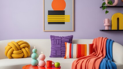 Vibrant and eclectic living room with a white sofa adorned with colorful pillows and throws