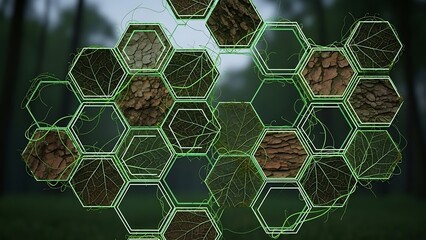 Digital nexus of nature interconnected biometric hexagons in a forest.