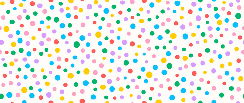 Seamless birthday polka dot pattern. Colorful bright repeated round confetti background. Cute dotted wallpaper for Easter wrapping paper, birthday decoration design, kid bday nursery decor. Vector