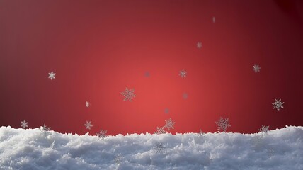 Red Background with Falling Snowflakes Over Snowdrift