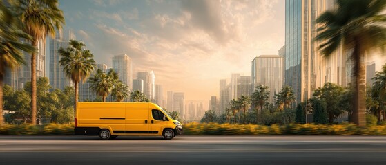 Bright yellow delivery vehicle with cargo packages in tropical city with palm-lined streets for e-commerce logistics and sustainable transport concept photography