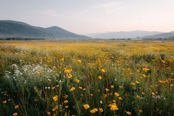 Vibrant wildflower meadow covered in golden pollen stretching across rolling hillside under clear blue sky, perfect for botanical photography and eco-tourism marketing campaigns