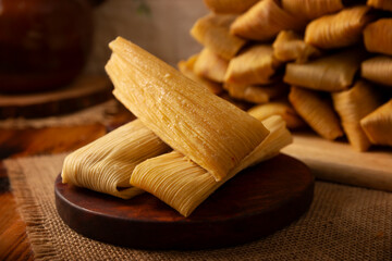 Tamales. Traditional dish typical of Mexico and some Latin American countries. Corn dough wrapped in corn leaves. The tamales are steamed.