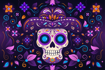 Colorful Day of the Dead Sugar Skull Background with Floral Ornament