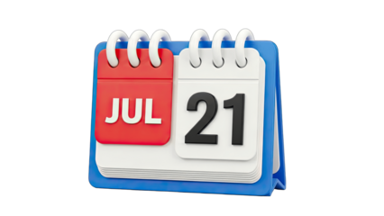 Calendar showing July 21st isolated on white background.